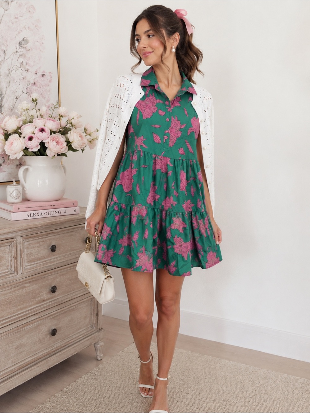 Green & Pink Floral Tiered Mini Dress Cottagecore Summer Vacation Dress